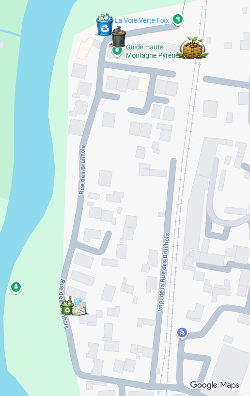 Carte du quartier des Bruilhols à Foix avec la position des points de collecte collectifs de déchet